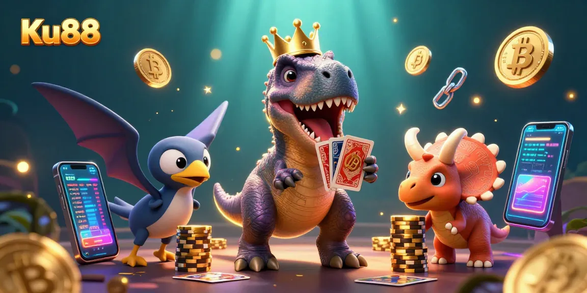 Experience excitement at Ku88 with a playful T-Rex shuffling cards and crypto coins