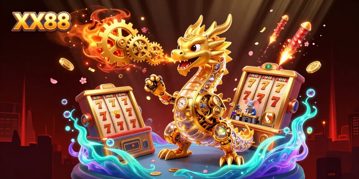 Experience the thrill of XX88 with vibrant slot machines and a dynamic dragon in a glowing casino landscape.