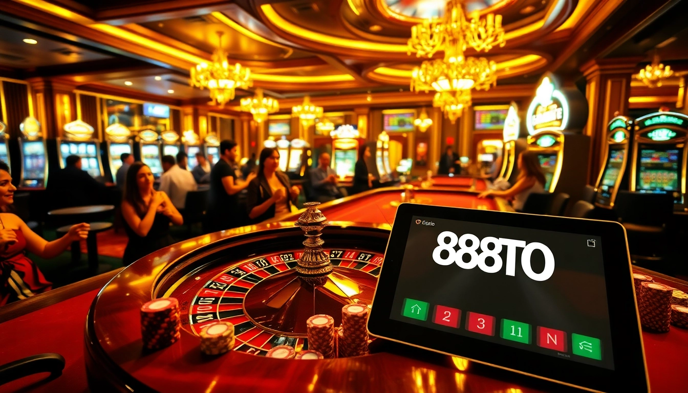 Experience thrilling moments at 888TO with players enjoying roulette and slot machines in a vibrant casino ambiance.