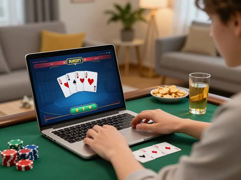 Engaging online gambling experience at ee88bet with a player focused on poker gameplay on a laptop in a cozy home setting.