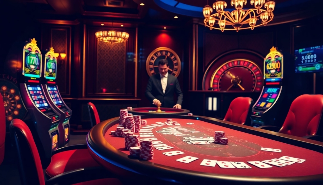 An engaging scene of online gambling on nk88 top featuring poker chips, cards, and a roulette wheel.