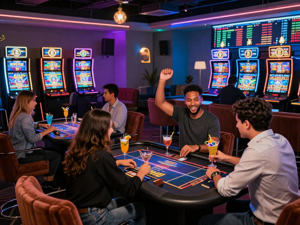 Exciting crypto casino scene with players engaged in digital gaming and vibrant surroundings.
