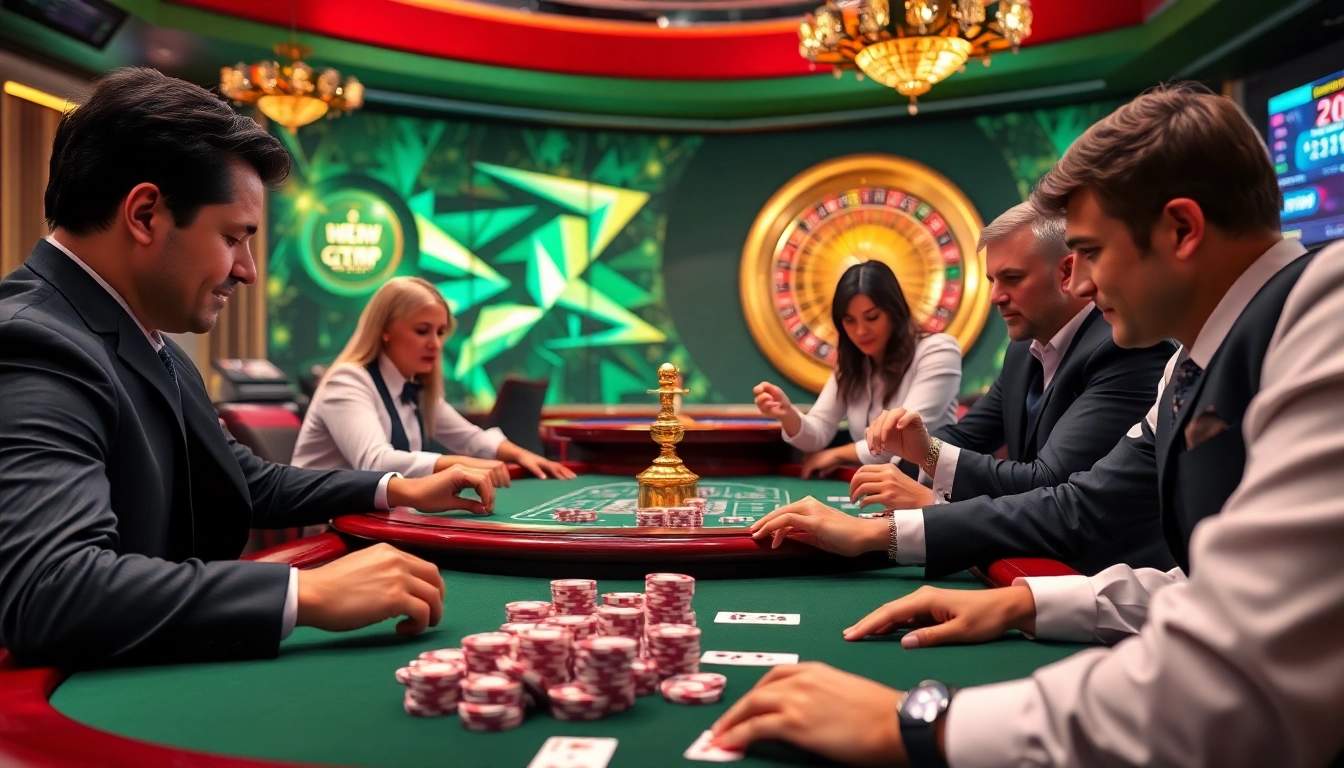 High-stakes poker game scene featuring players and dealers for newphim casino experience.