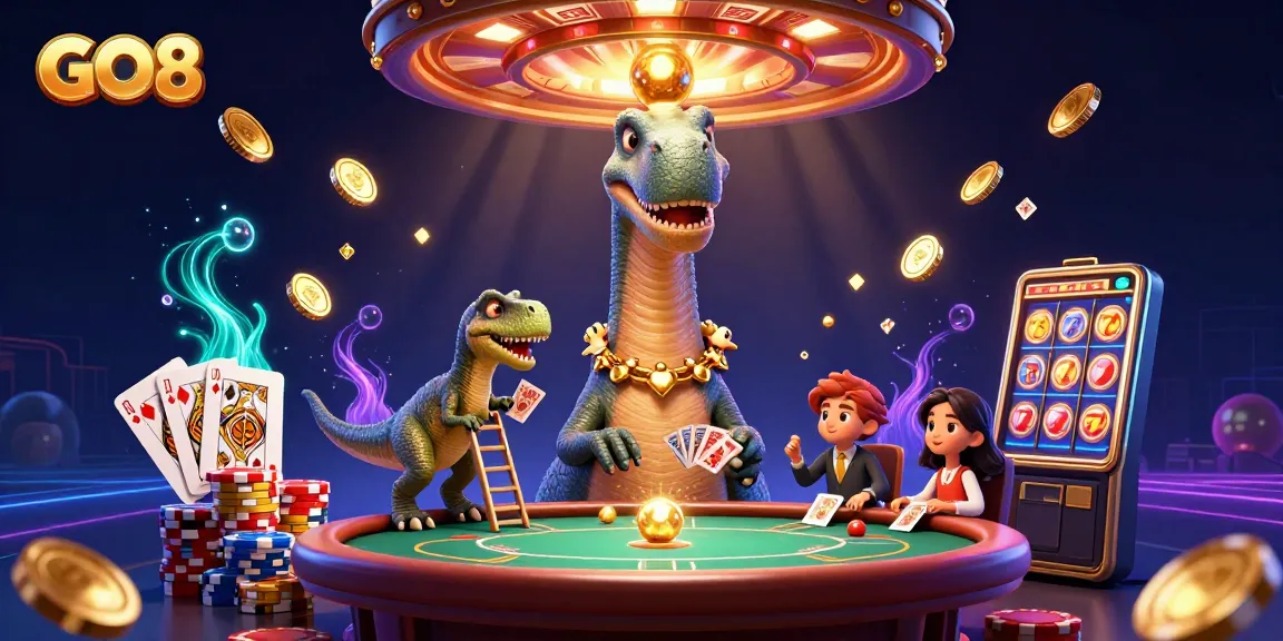 Experience the excitement of GO8 with a giant brontosaurus at a casino, vibrant coins sparkling everywhere.