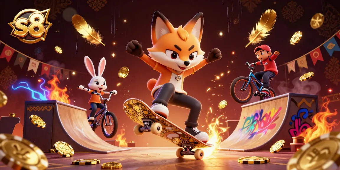 S8 offers thrilling gaming experiences with a skateboarder fox and rabbit enjoying dynamic tricks above poker chips.