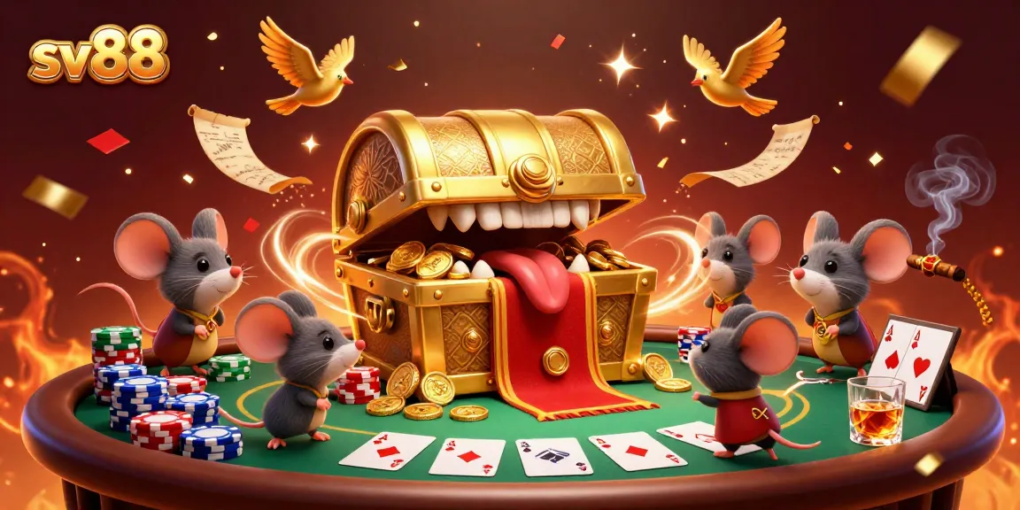 Join the excitement at sv88 with a lively scene featuring cartoon treasure chests and poker elements.
