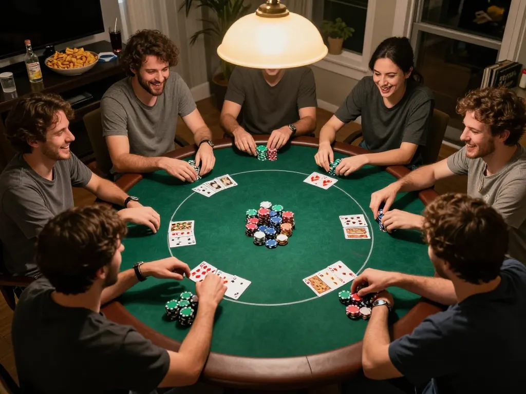 Go88 players enjoy a lively poker night with friends, colorful chips, and cards visible.