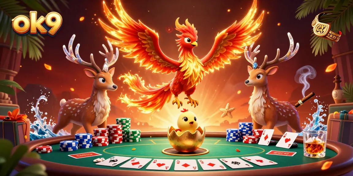 Engage in thrilling poker gaming at ok9, featuring an impressive phoenix duo and stunning casino elements.