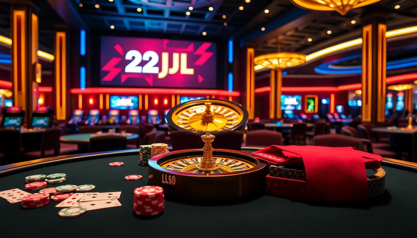 Experience thrilling gameplay at 22JL casino with poker chips and vibrant cards