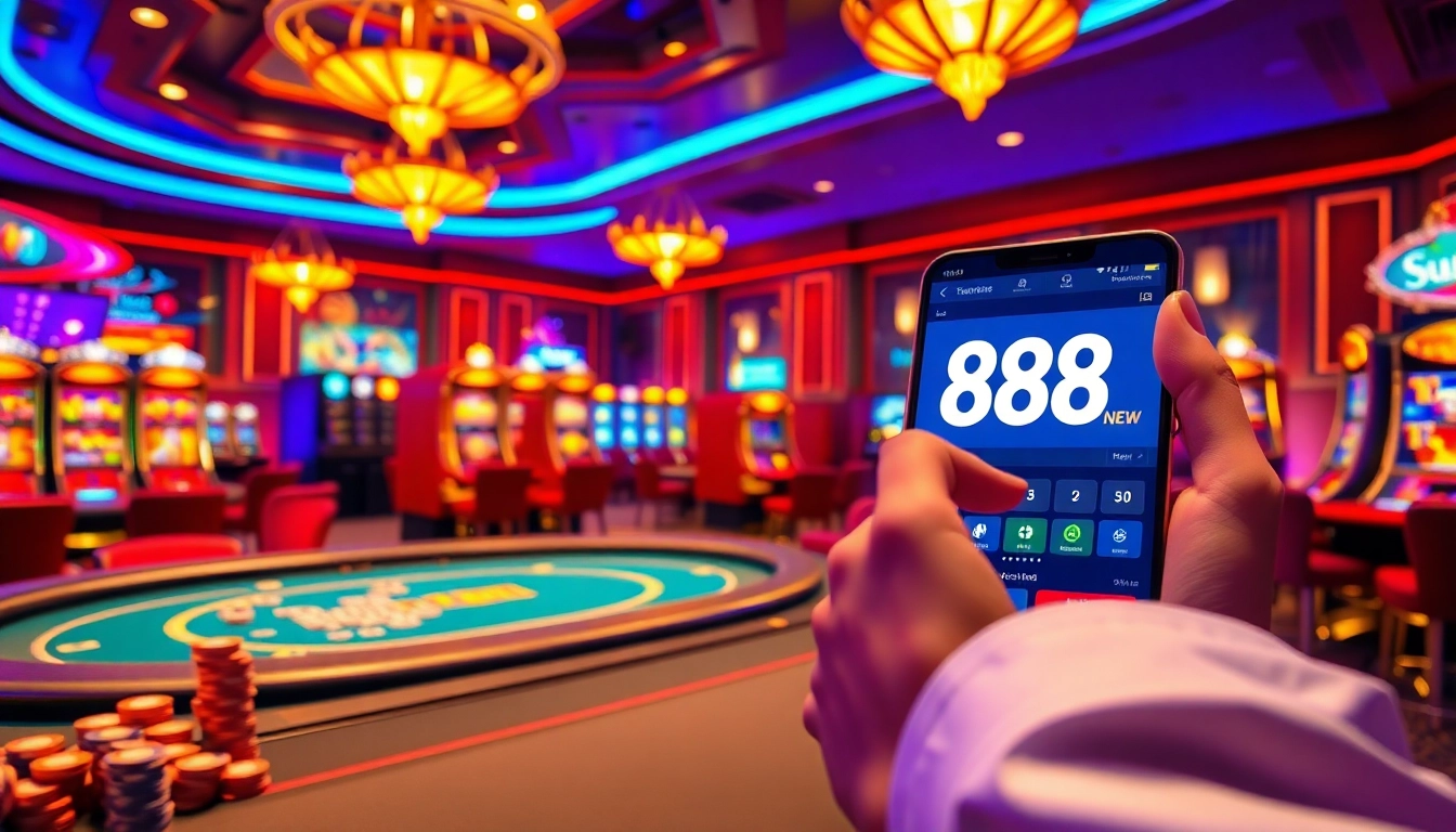 Engaging scene of a player enjoying games at nhà cái 888NEW in a luxurious casino setting.