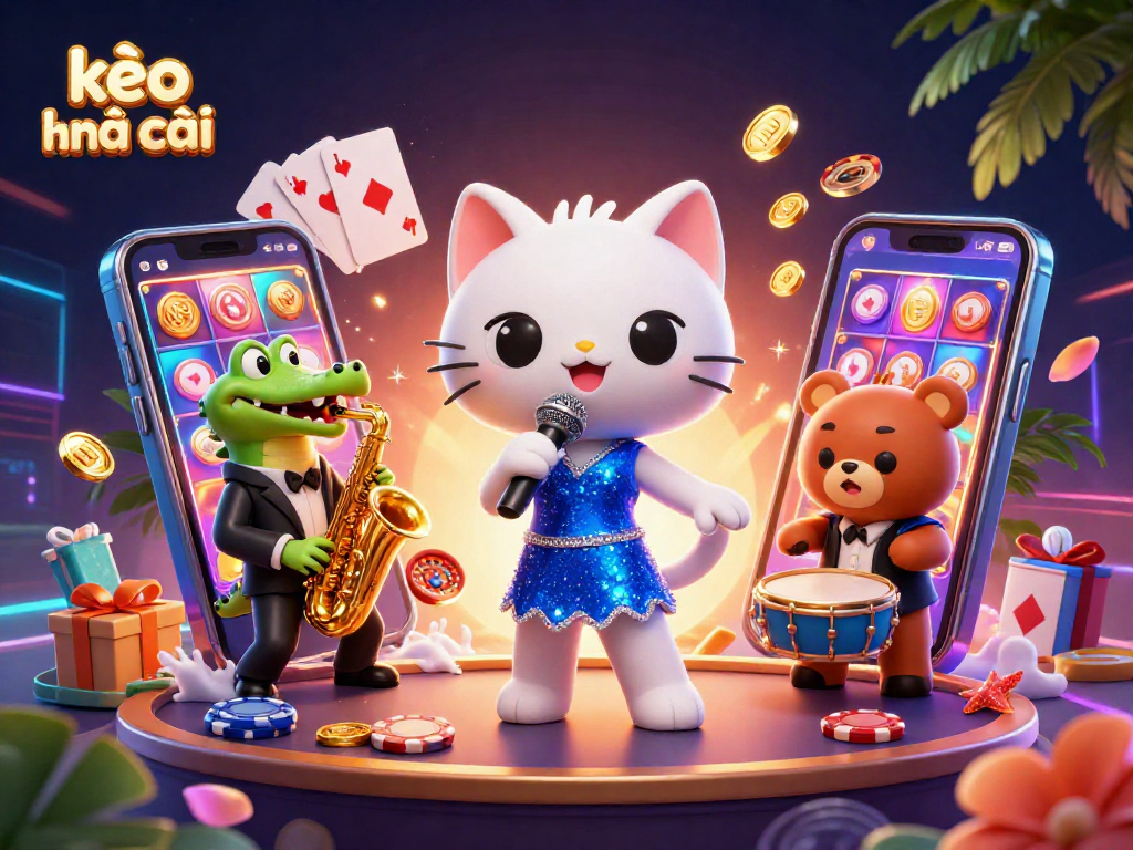 Engage with kèo nhà cái in a vibrant casino scene featuring a singing cat, a jazzy crocodile, and a drumming bear.