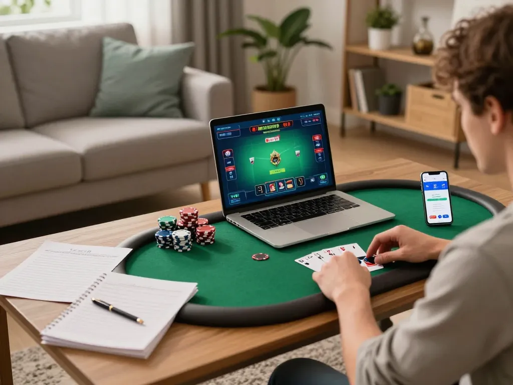 Engaged player on fly88 betting app in cozy home gaming setup