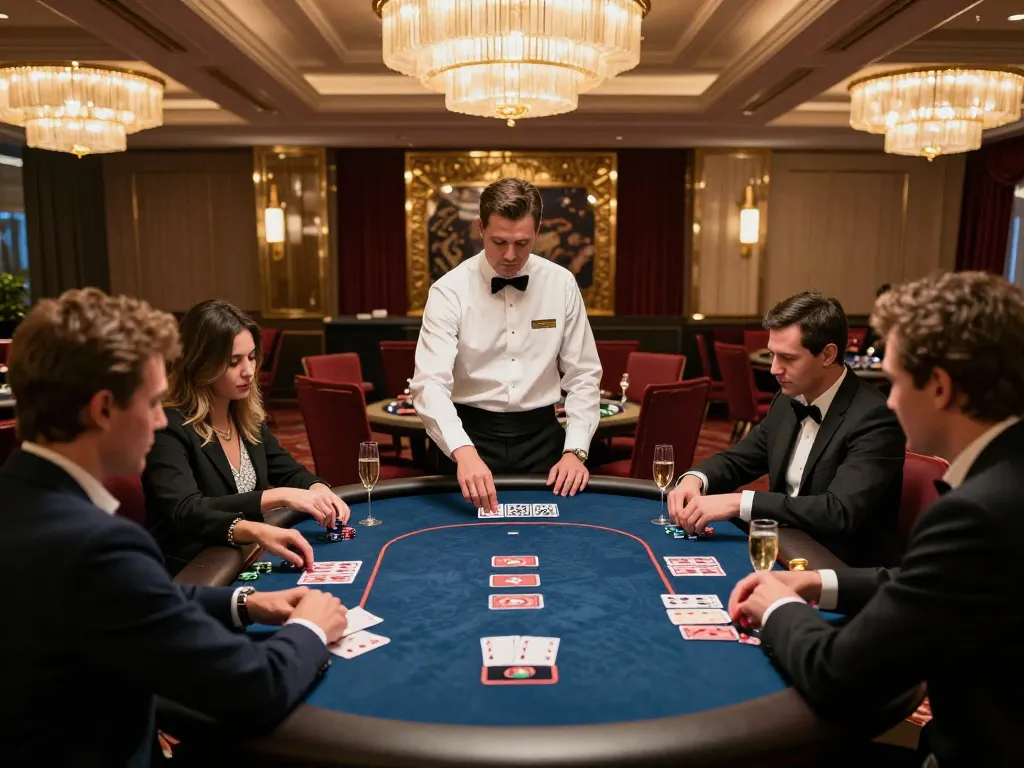 Players engaging in a high-stakes poker game at a nhà cái uy tín VIP table, showcasing a luxurious casino atmosphere.