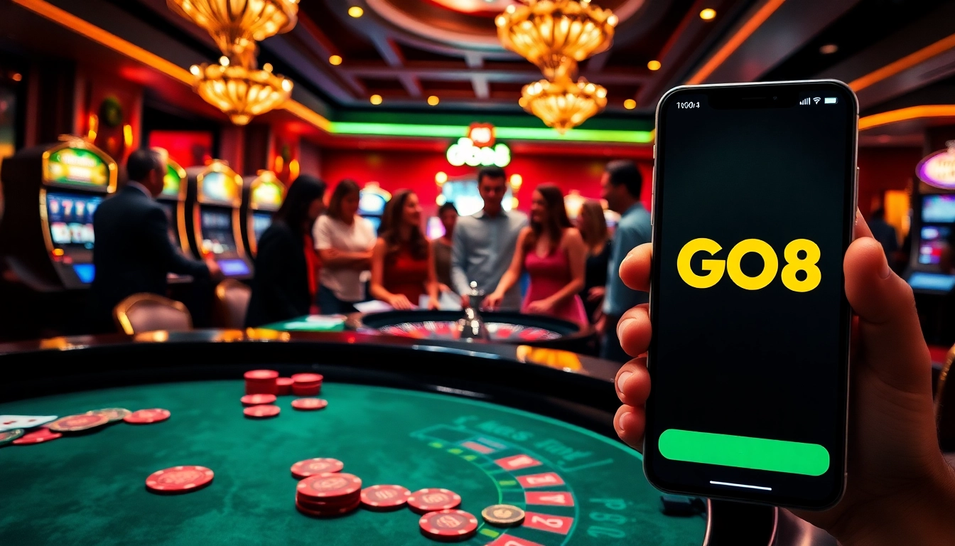 Engaging scene at a GO8 casino gaming table with lively players and cards, showcasing excitement.