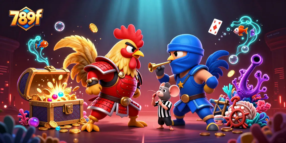 Interact with thrilling 789f cockfighting action featuring samurai and ninja roosters amidst explosive treasure.