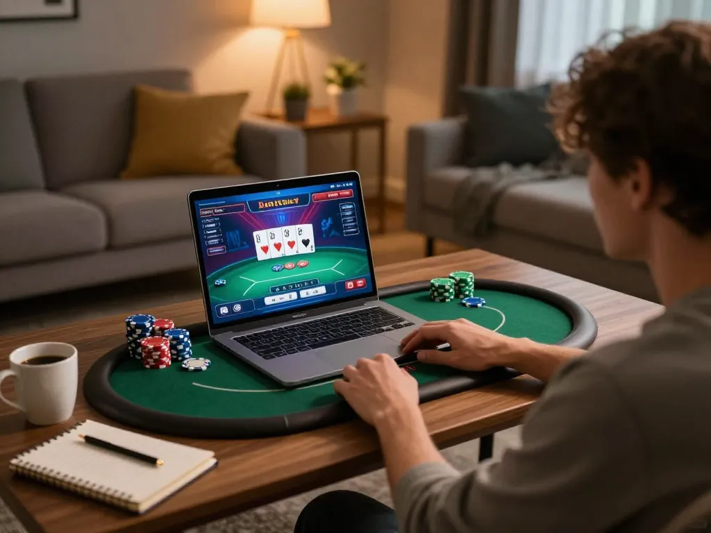 Person playing online poker at home using F168, showcasing a vibrant interface and cozy atmosphere.