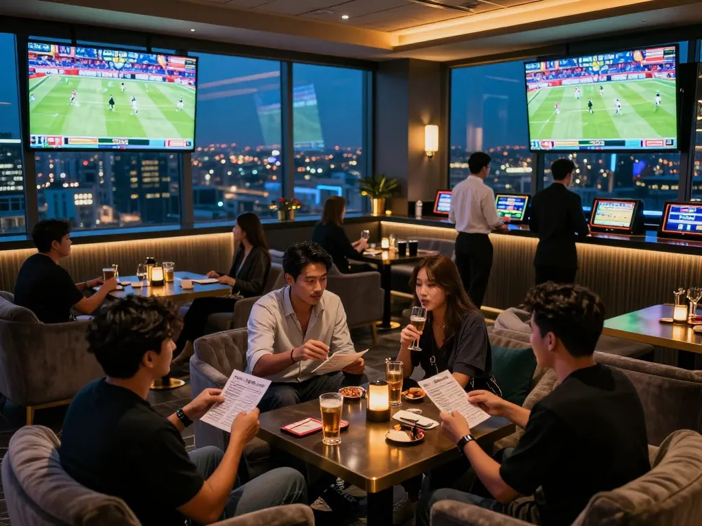 Sky88 sports betting lounge filled with excited fans watching games on large screens.