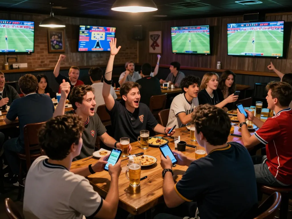 Friends placing kèo nhà cái bets while watching sports on multiple screens in a lively bar setting.
