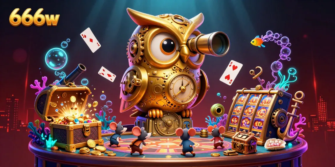 Play engaging games on 666w with a vibrant casino scene filled with golden treasures and lively characters.