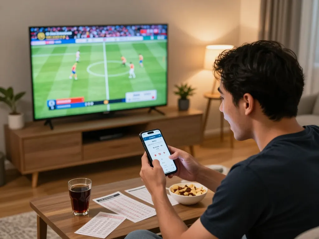 Engaging sports betting scene with แทงบอล placing bets on mobile app during live game.