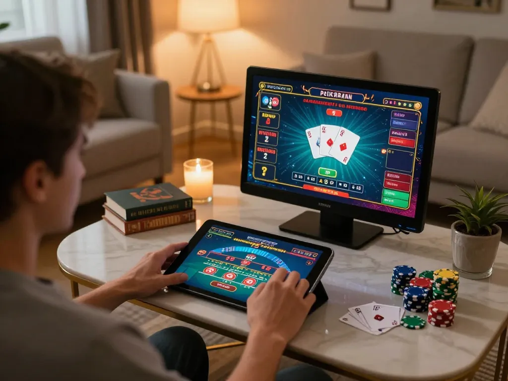 Engaged player at lv88 using tablet for live casino gaming in cozy home setting