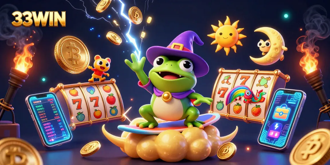 Visualize winning fun with 33WIN as the weather wizard frog conjures golden coins in a vibrant casino scene.