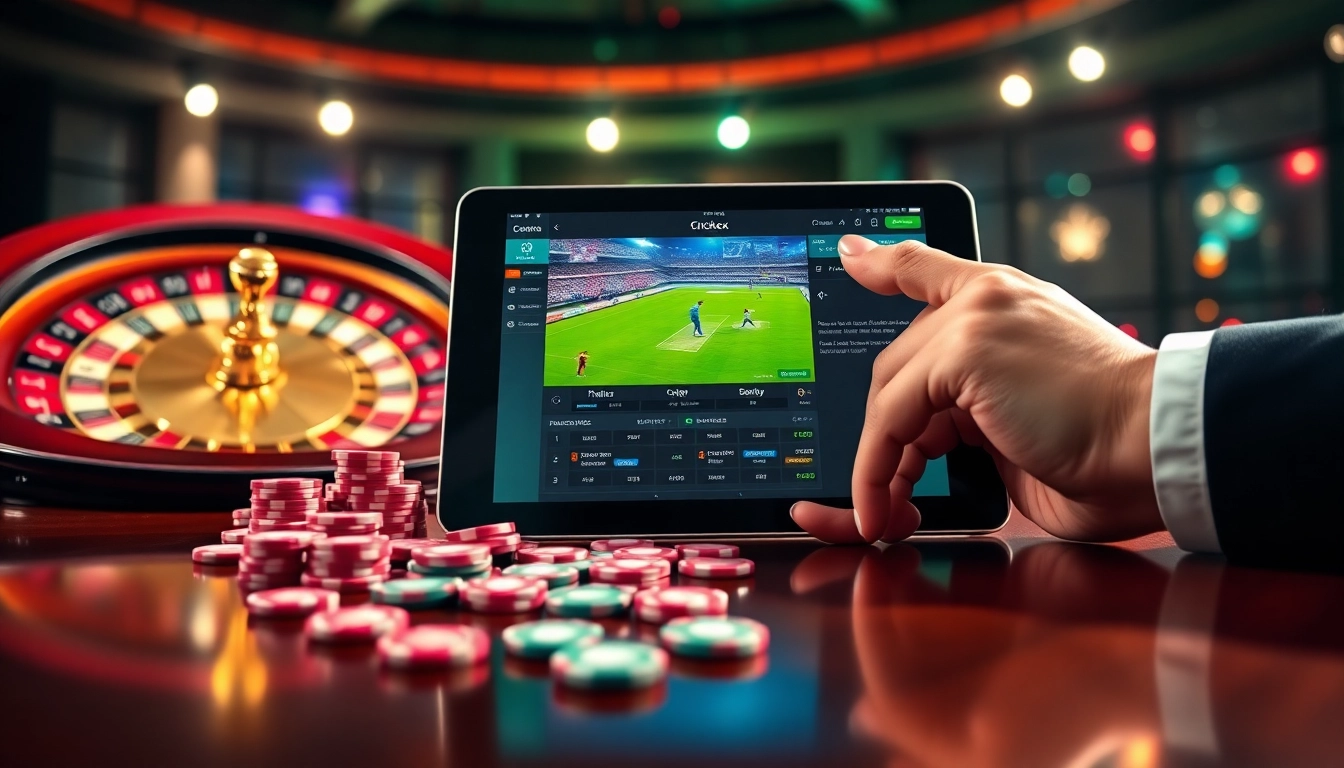 Experience thrilling cricket betting on Crickex as vibrant chips and a roulette wheel create excitement.