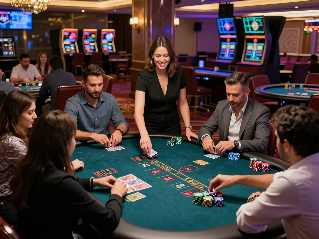 Enjoying a live dealer game at 88vvgo, players strategizing with chips and cards in a luxurious casino setting