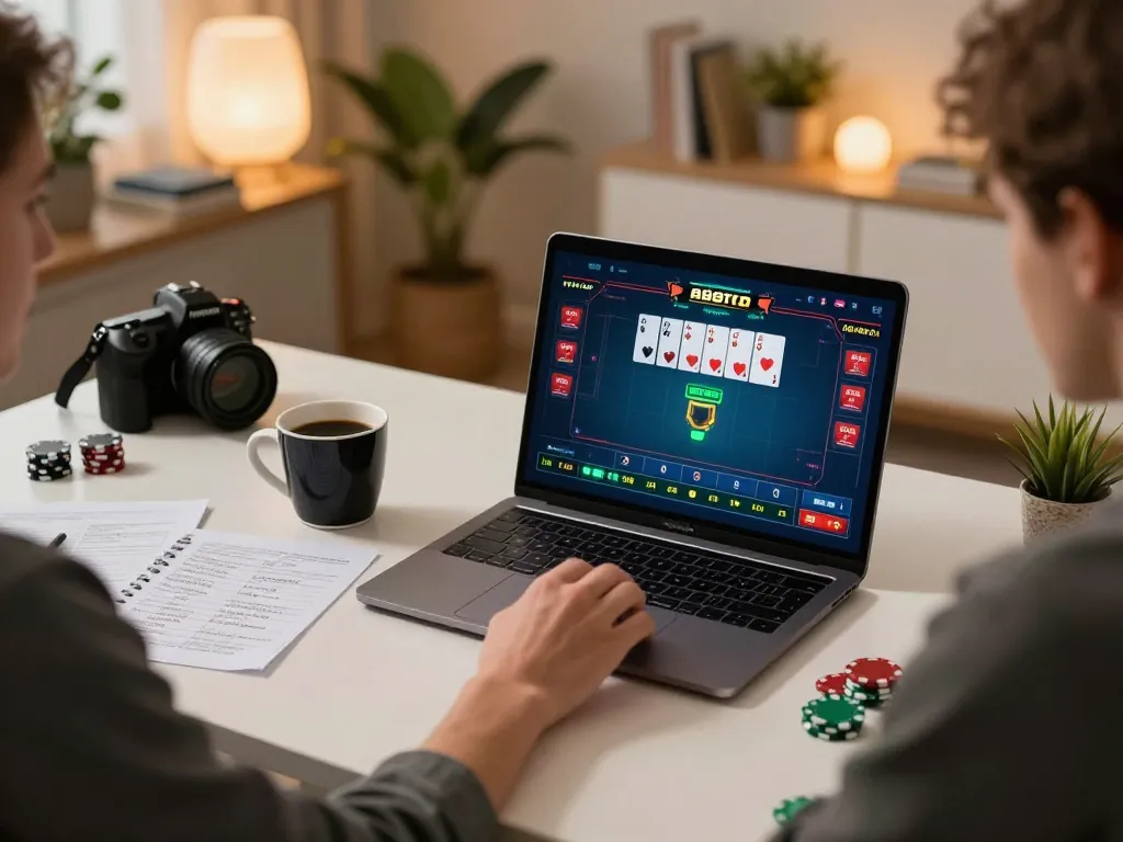 Playing poker on 888top's online platform at home, showcasing strategy notes and an engaging setup.