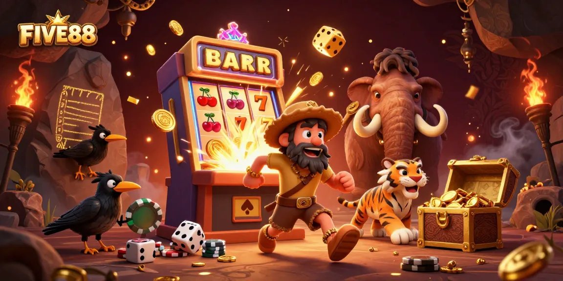 FIVE88 brings excitement with a lively 3D scene of prehistoric casino gameplay featuring colorful slot machines.