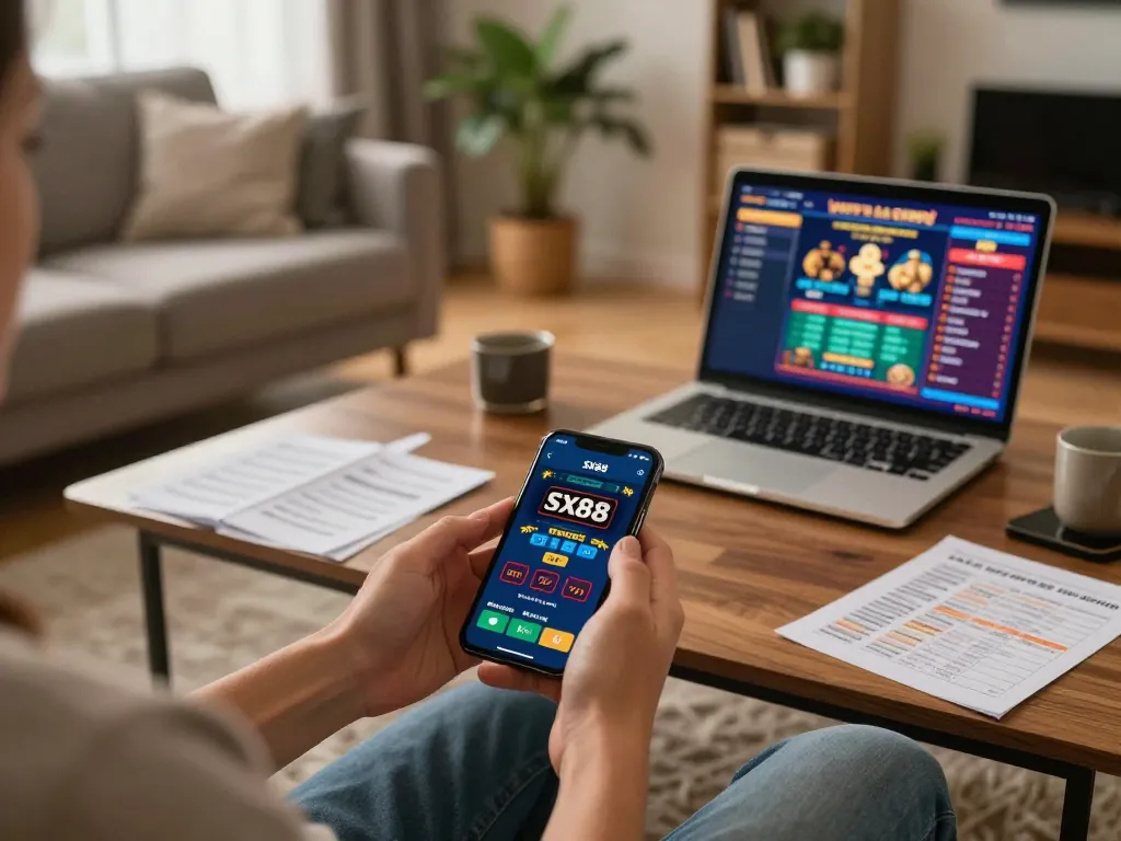 Person using the sx88 app for online casino gaming at home, surrounded by gaming notes and a laptop.