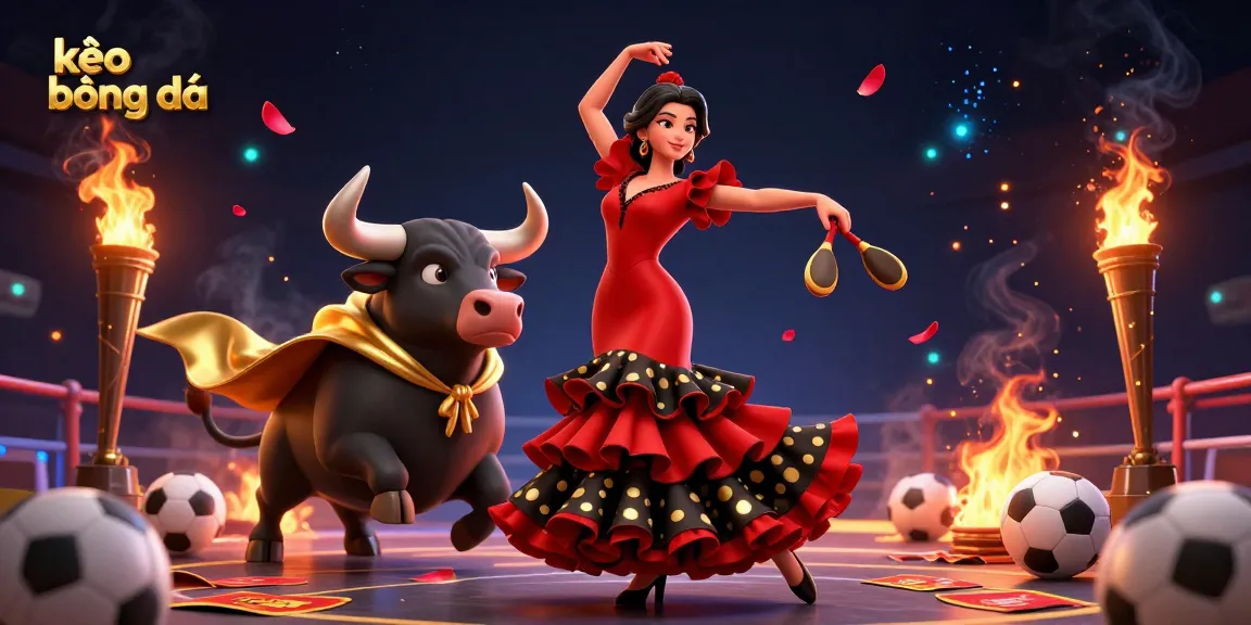 Engage in kèo bóng đá with vibrant elements of sports betting, featuring dynamic characters and casino icons.