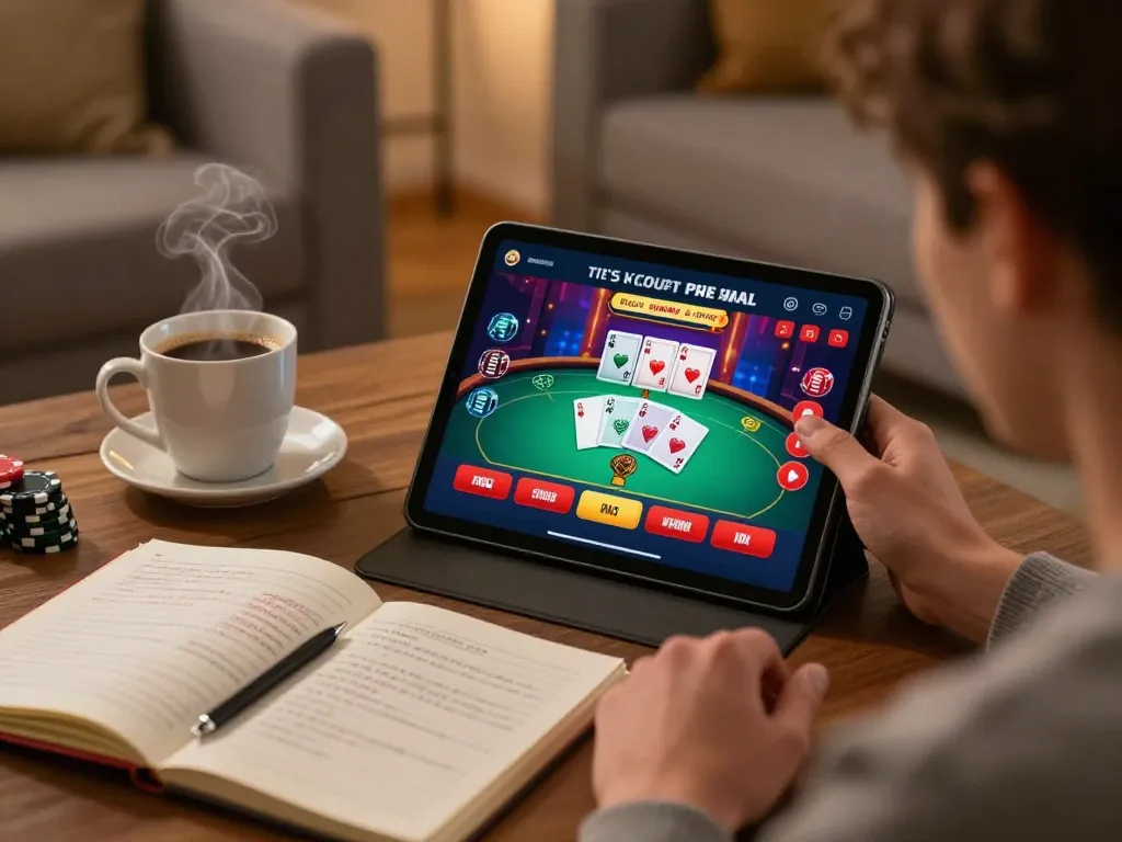 Person strategizing their five88 poker game on a tablet amidst a cozy home setup.