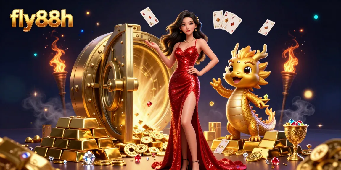 Experience the vibrant online casino world of fly88h with a captivating Asian lady and golden dragon.