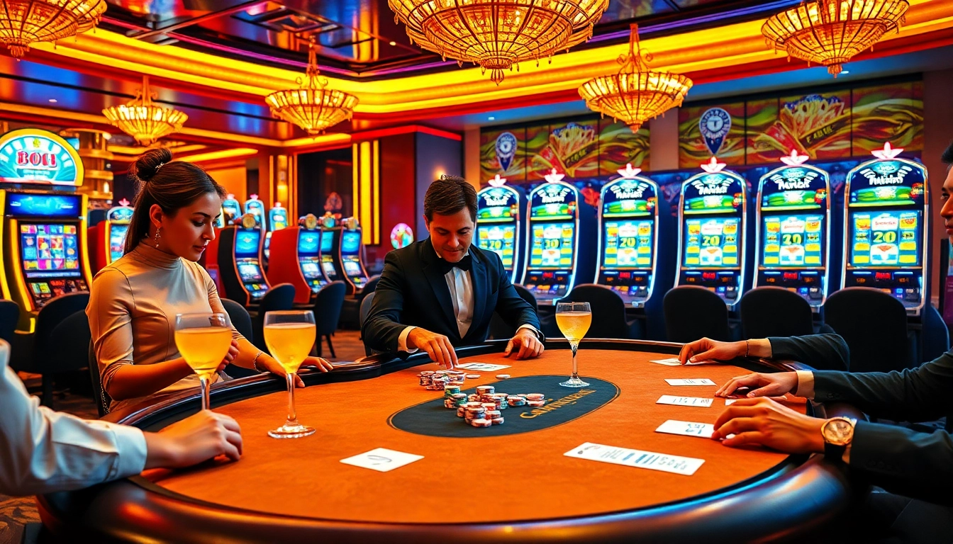 Experience the excitement of gambling at https://luck8.bid/ with a lively casino scene featuring poker and slot machines.
