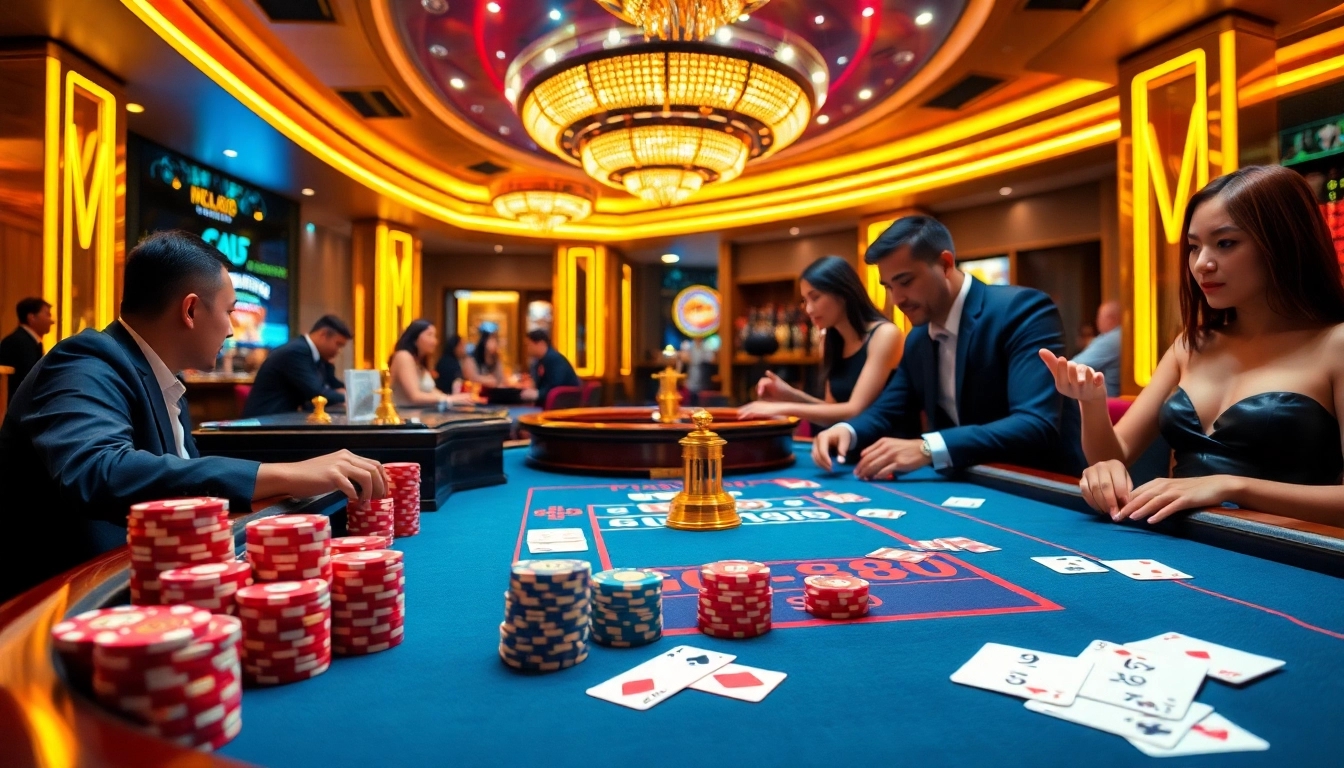 Players engaging at a go88 gaming table, showcasing excitement and luxury in gambling.