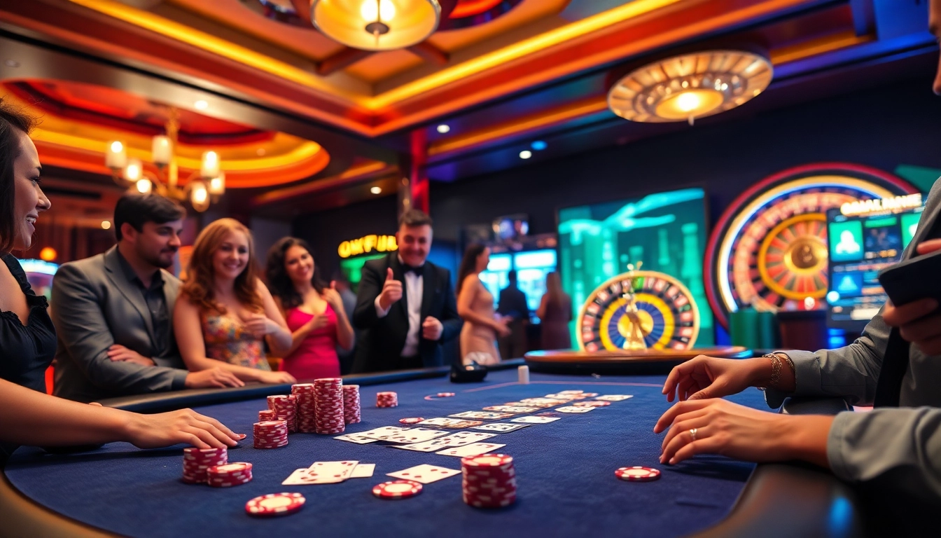 Engaged gamblers enjoying high-stakes poker at OKFUN casino with vibrant atmosphere.