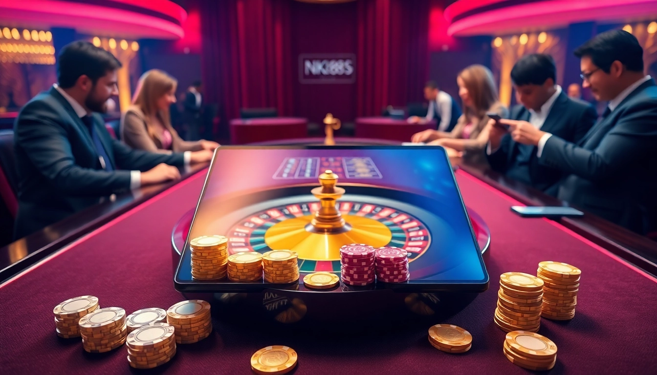 Experience thrilling gaming action at https://nk88s.com/ with luxurious casino elements featuring roulette and poker chips.