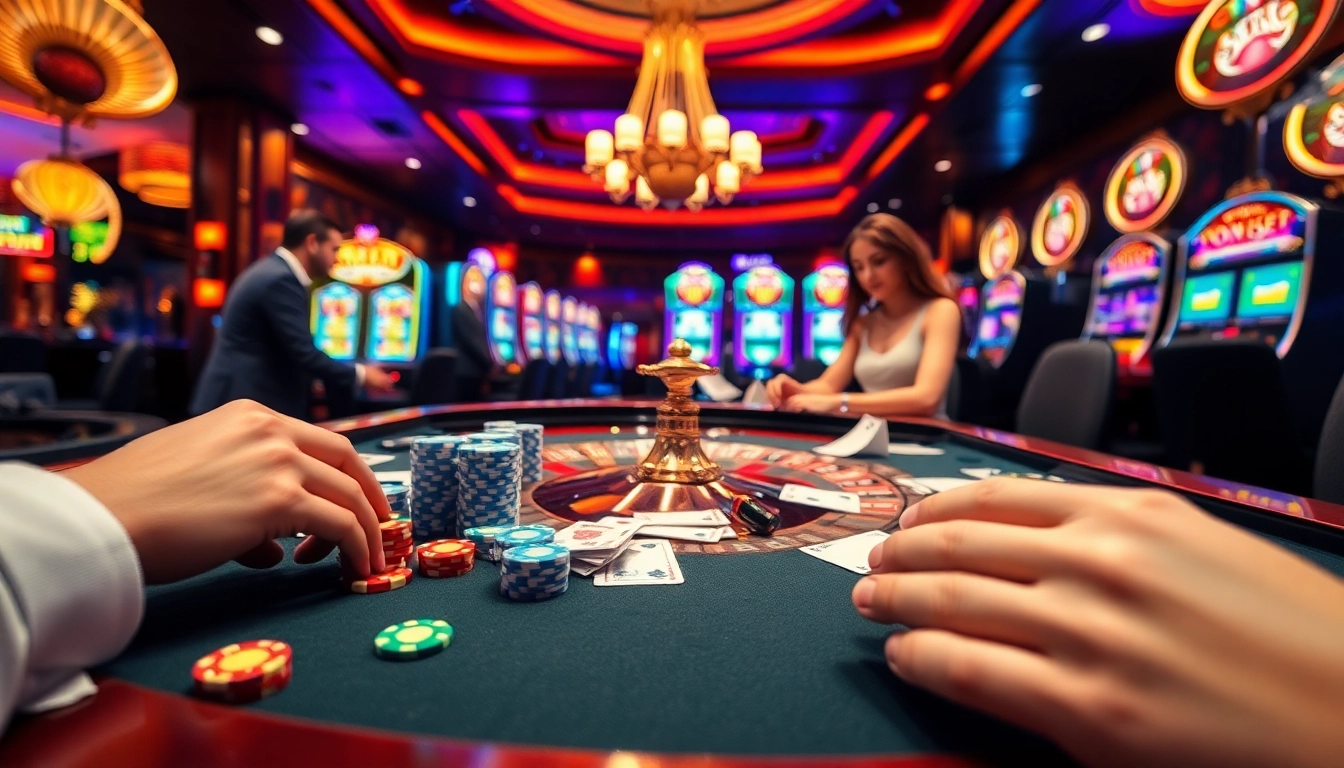 Engaging scene at a casino highlighting tin tức 68win with players enjoying roulette and slot machines.