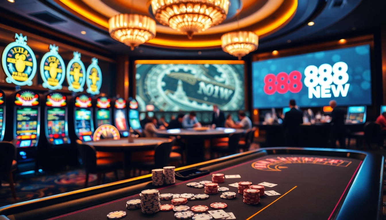Players enjoying an exciting game at 888NEW casino, featuring vibrant slots and a luxurious atmosphere.