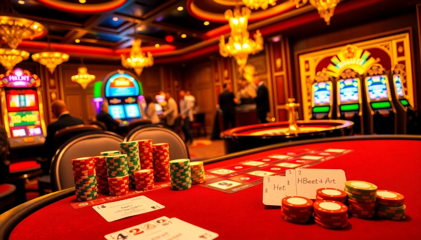 Experience a thrilling game at HBBet4 Art casino with vibrant poker chips, cards, and roulette wheel.