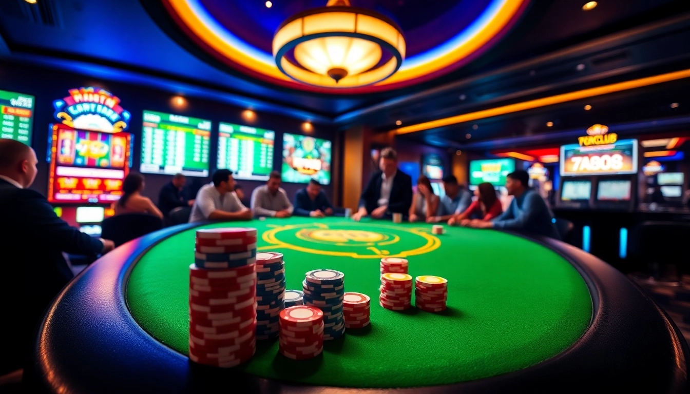 Players enjoy poker at 789club casino, showcasing vibrant chips and an engaging atmosphere.