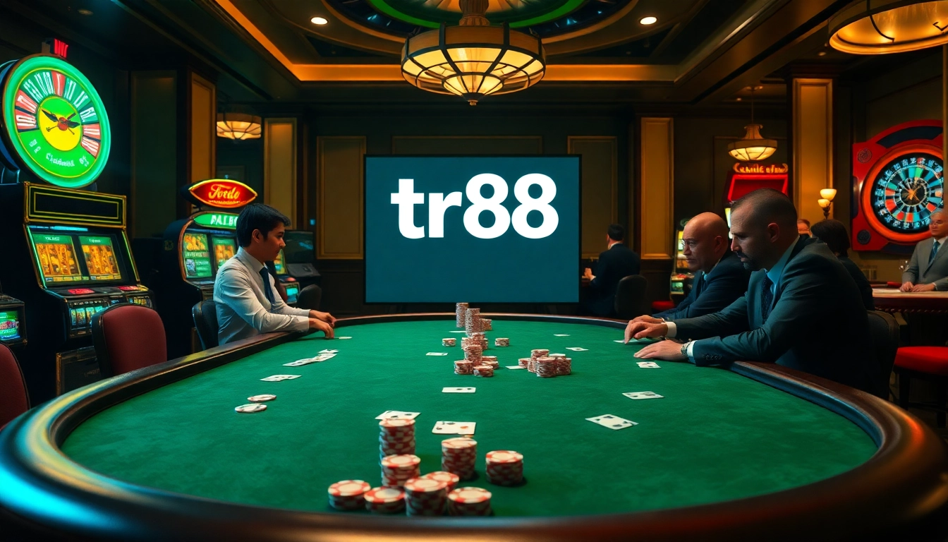Experience thrilling poker action at TR88 casino with vibrant colors and stunning table setups.