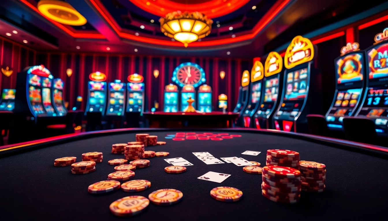 Engaging Okwin casino scene showcasing poker, roulette, and slot machines in a vibrant setting.