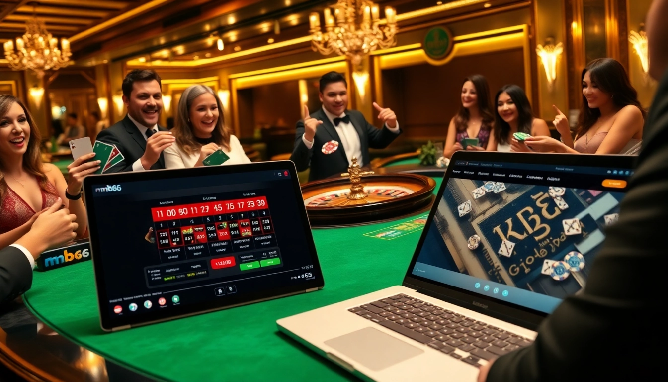Excited players engaging at an mb66 themed roulette table in a luxurious casino setting.