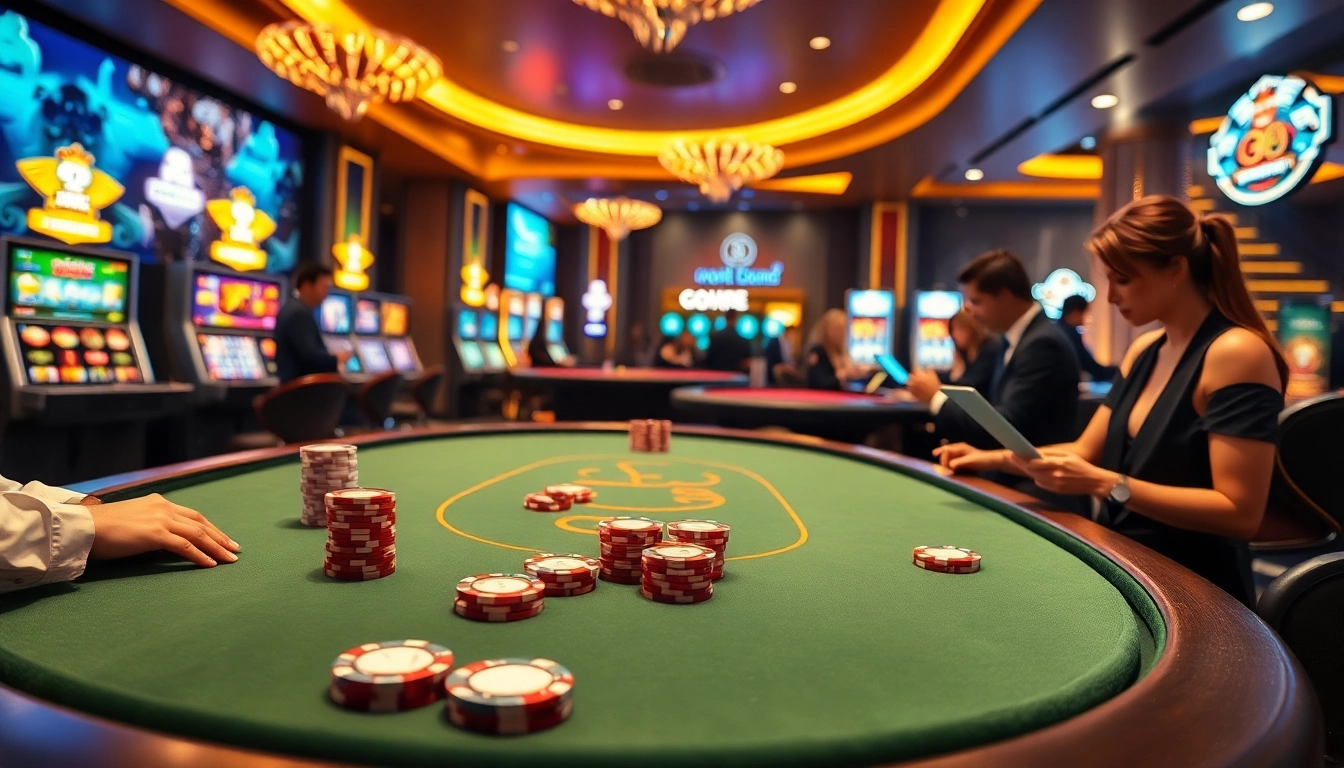 Experience exciting gambling action at Go8, featuring vibrant casino tables and slot machines.