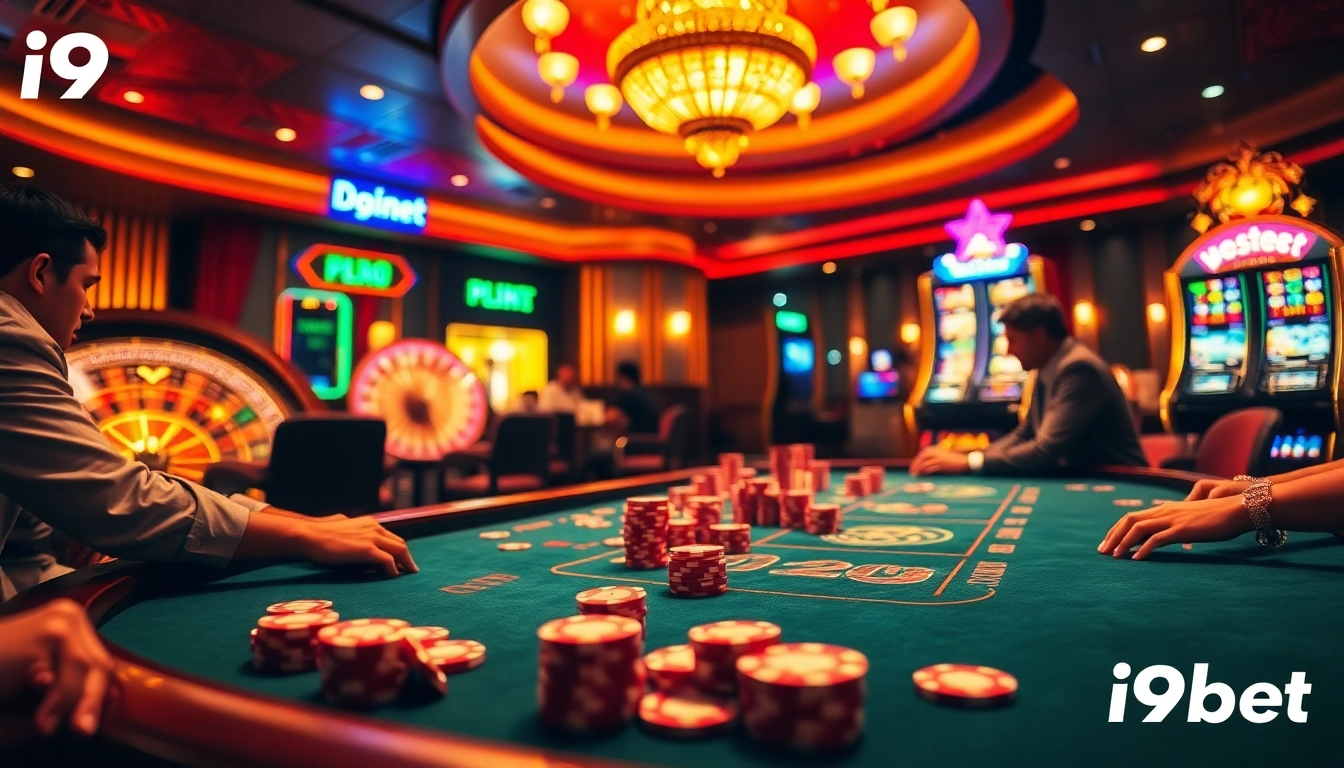 Players at an i9bet poker table enjoying an exciting casino experience with vibrant chips and roulette.