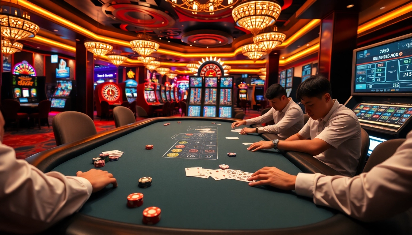 Engaging poker players in a stylish casino setting showcasing tin tức xn88 for an immersive gambling experience.