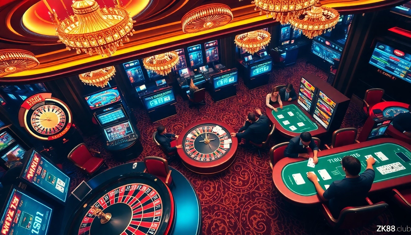 Experience thrilling gambling at https://zk88.club/ with a luxurious casino scene showcasing players at roulette, slots, and poker.