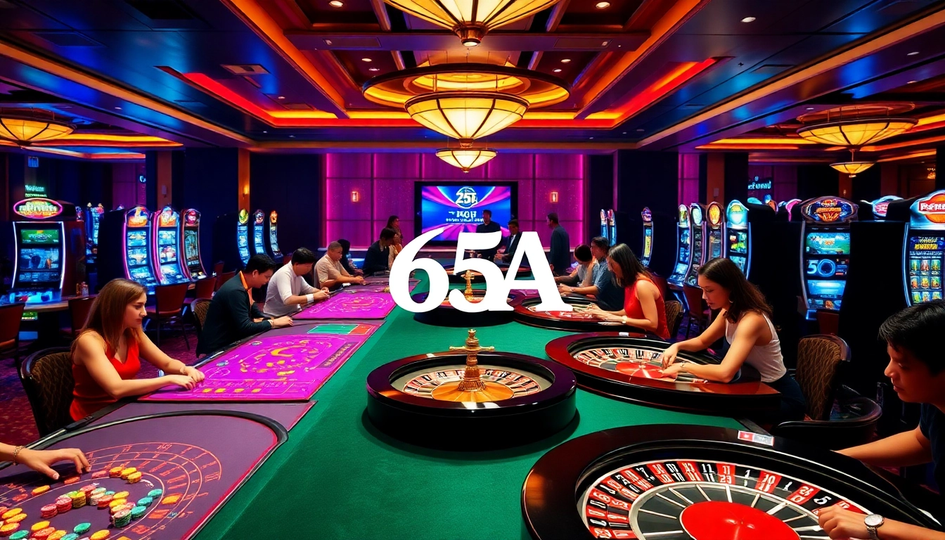 Players engaging in thrilling games at 65A's luxurious casino environment filled with vibrant tables and slot machines.